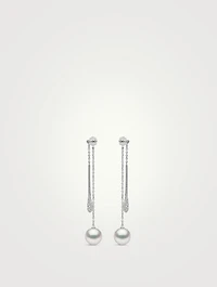 18K White Gold Double Chain Drop Earrings With Pearls And Diamonds
