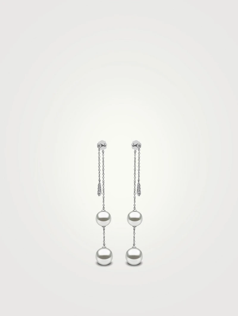 18K White Gold Double Chain Drop Earrings With Pearls And Diamonds