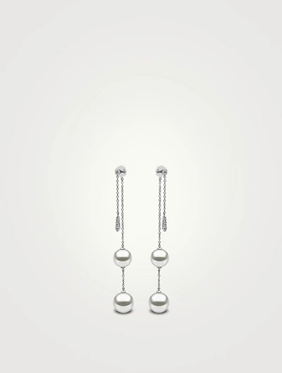 18K White Gold Double Chain Drop Earrings With Pearls And Diamonds