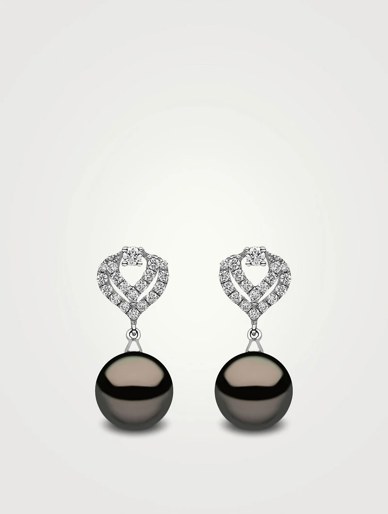 18K White Gold Tahitian South Sea Pearl Earrings With Diamond-Encrusted Double Teardrop