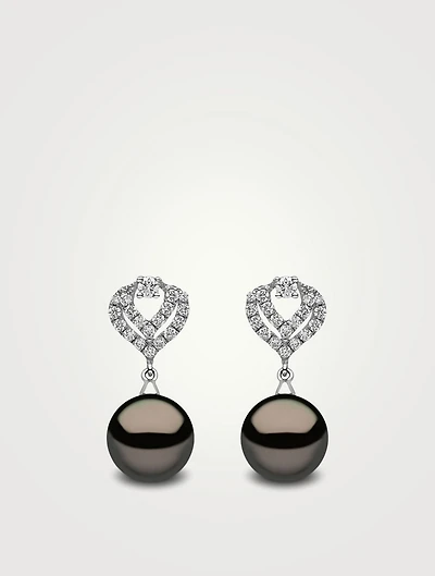 18K White Gold Tahitian South Sea Pearl Earrings With Diamond-Encrusted Double Teardrop