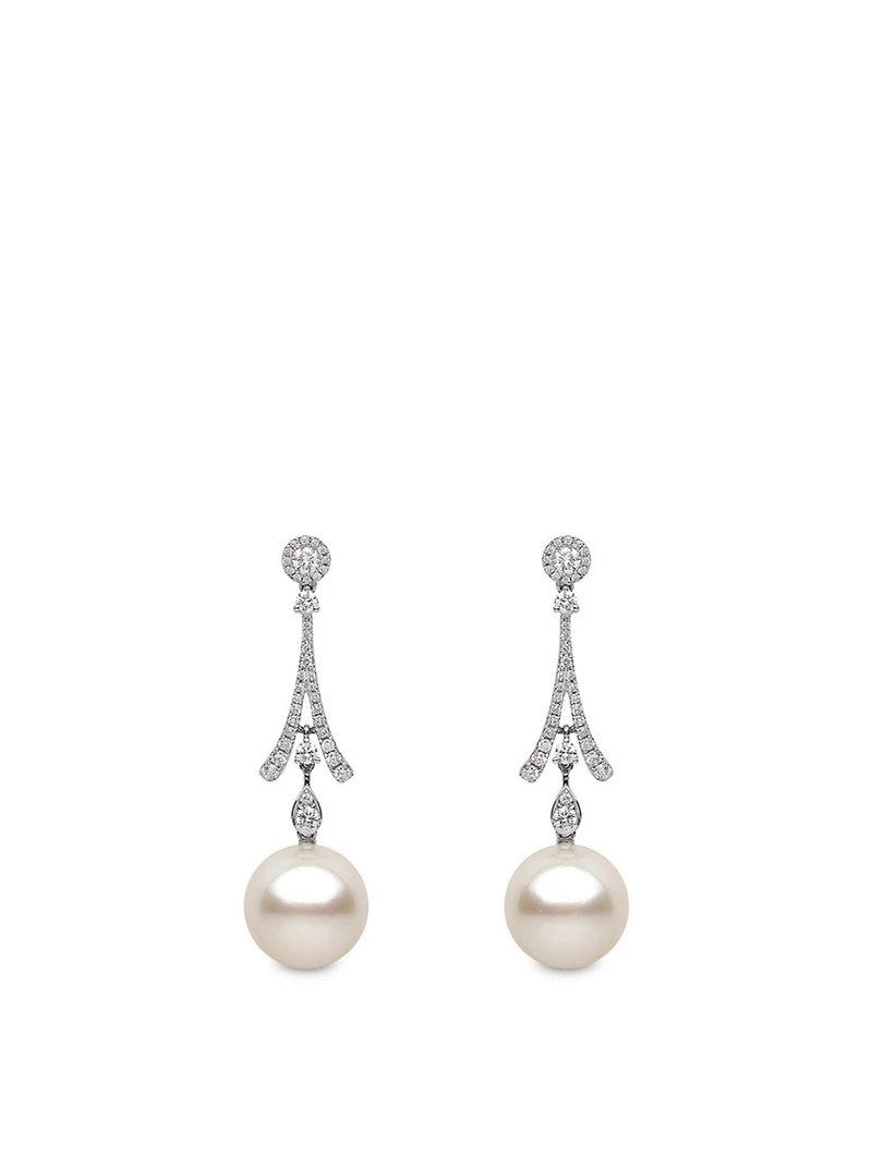18K White Gold Australian South Sea Pearl Drop Earrings With Diamonds