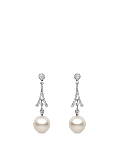 18K White Gold Australian South Sea Pearl Drop Earrings With Diamonds