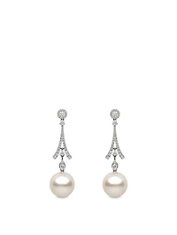 18K White Gold Australian South Sea Pearl Drop Earrings With Diamonds