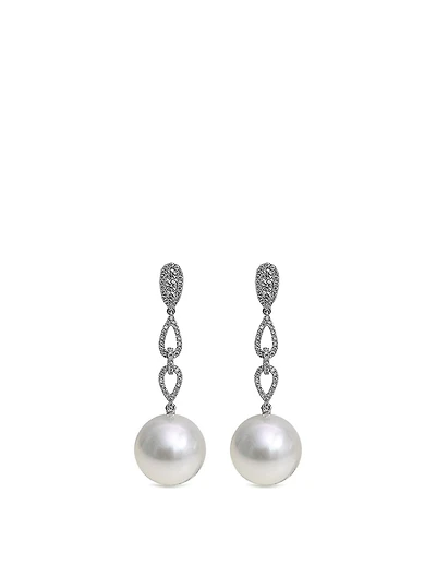 18K White Gold Australian South Sea Pearl Drop Earrings With Diamonds