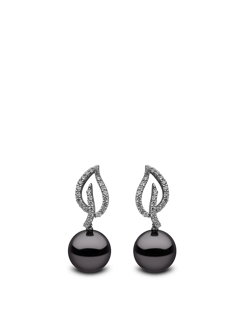 18K White Gold Tahitian South Sea Pearl Drop Earrings With Diamonds