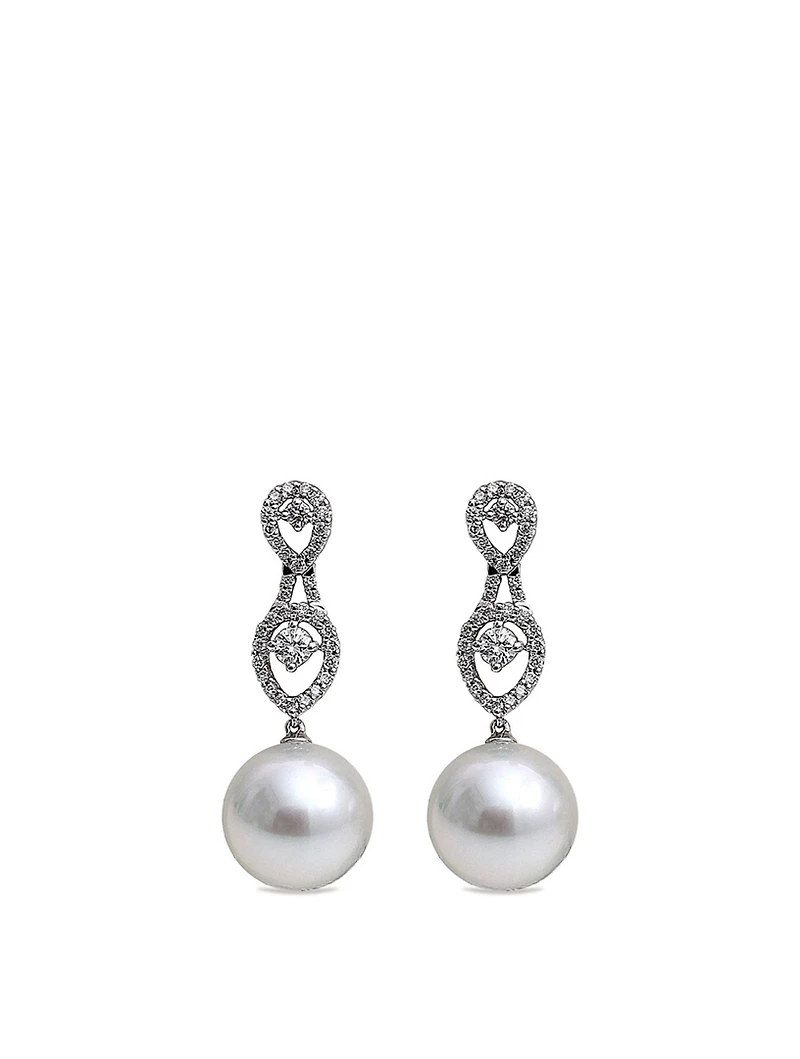 18K White Gold Australian South Sea Pearl Drop Earrings With Diamonds