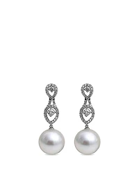 18K White Gold Australian South Sea Pearl Drop Earrings With Diamonds