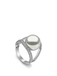 18K White Gold Australian South Sea Pearl Double Band Ring With Diamonds