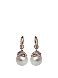 18K Yellow Gold Pearl Leaf Drop Earrings With Diamonds