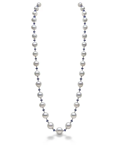 18K White Gold Graduated Pearl Necklace With Sapphires