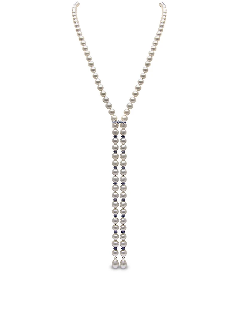 18K White Gold Pearl Bar Necklace With Sapphires