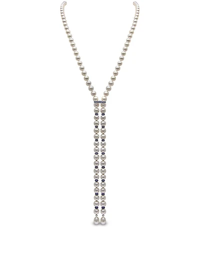18K White Gold Pearl Bar Necklace With Sapphires