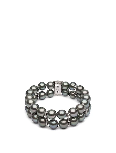 18K White Gold Tahitian South Sea Pearl Double Layer Bracelet With Diamonds