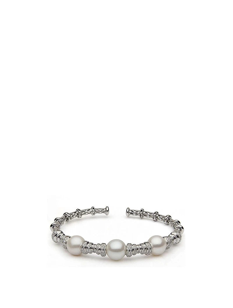 18K White Gold Open Bangle With Pearls And Diamonds