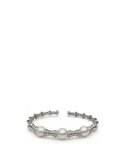 18K White Gold Open Bangle With Pearls And Diamonds