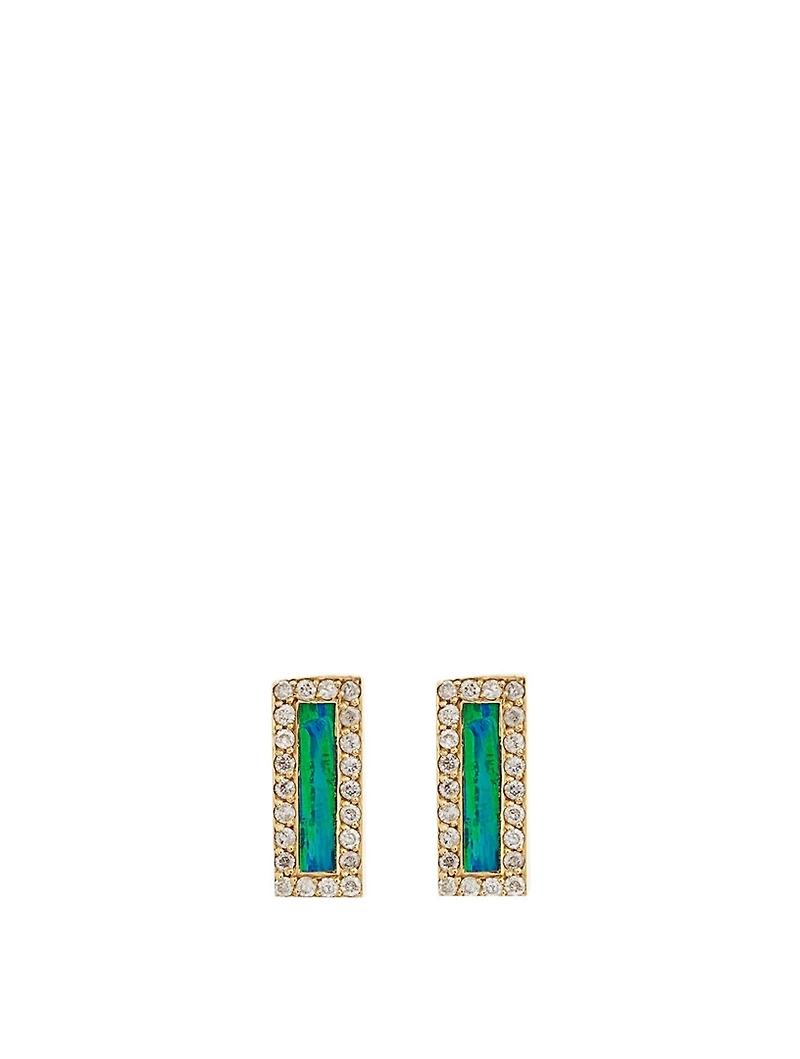 Gold Opal Inlay Bar Stud Earrings With Diamonds