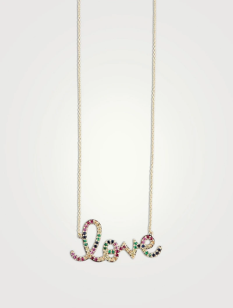 14K Gold Love Script Necklace With Multicolour Sapphires