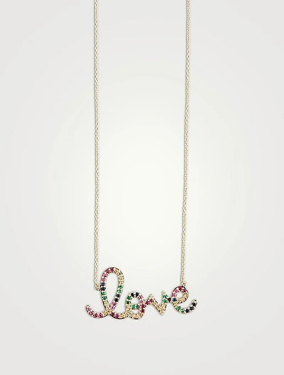14K Gold Love Script Necklace With Multicolour Sapphires