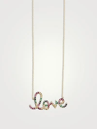 14K Gold Love Script Necklace With Multicolour Sapphires