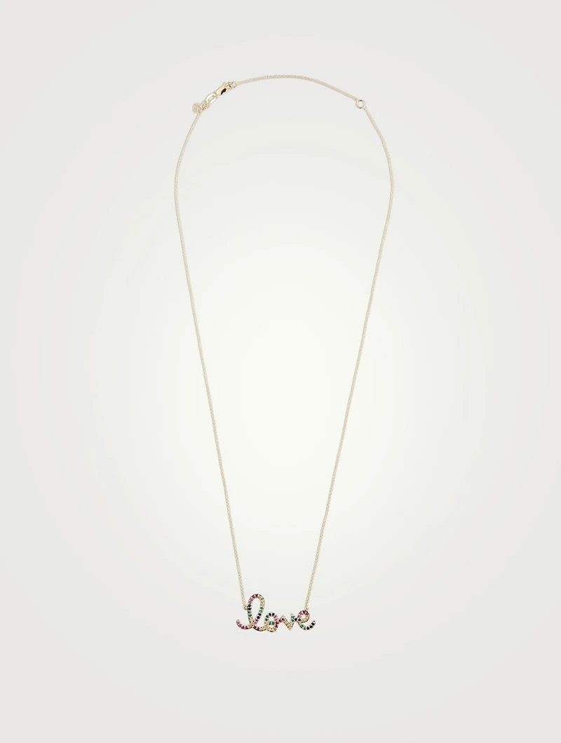 14K Gold Love Script Necklace With Multicolour Sapphires