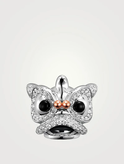 Small Xi Xi 18K White Gold Chinese Lion Stud Earring With Onyx And Diamonds