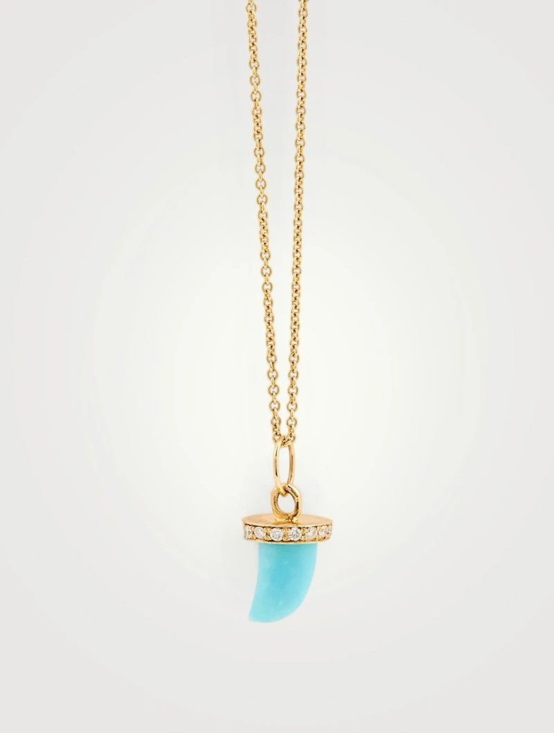 14K Gold Turquoise Horn Pendant Necklace With Diamonds