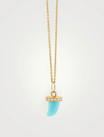 14K Gold Turquoise Horn Pendant Necklace With Diamonds