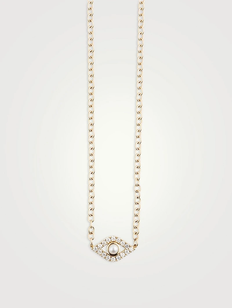XL 14K Gold Evil Eye Necklace With Diamonds And Pearl