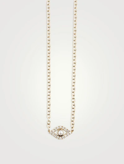XL 14K Gold Evil Eye Necklace With Diamonds And Pearl