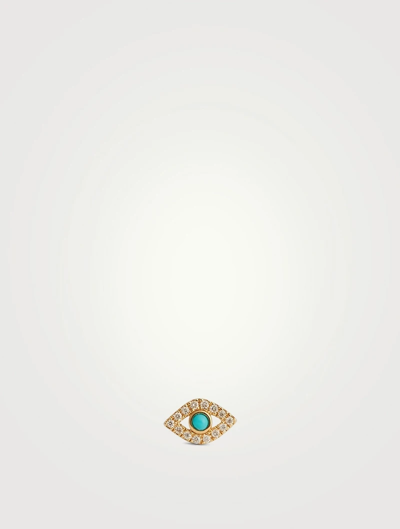 14K Gold Small Bezel Evil Eye Single Stud Earring With Sapphire and Diamonds