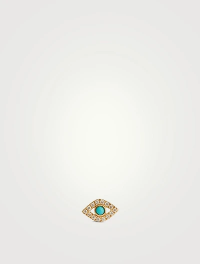 14K Gold Small Bezel Evil Eye Single Stud Earring With Sapphire and Diamonds