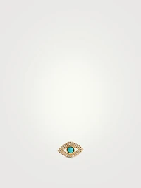 14K Gold Small Bezel Evil Eye Single Stud Earring With Sapphire and Diamonds