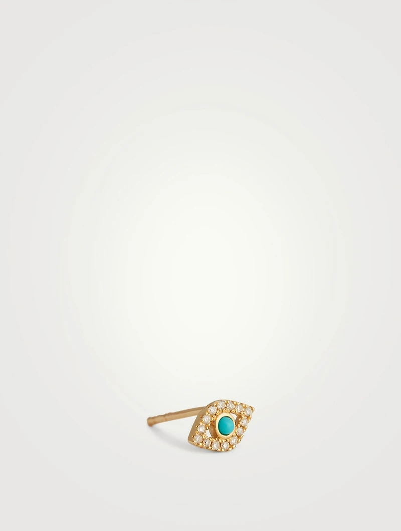 14K Gold Small Bezel Evil Eye Single Stud Earring With Sapphire and Diamonds
