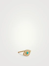 14K Gold Small Bezel Evil Eye Single Stud Earring With Sapphire and Diamonds