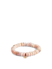 Pink Opal Beaded Bracelet With 14K Gold Mini Diamond Peace Sign Charm