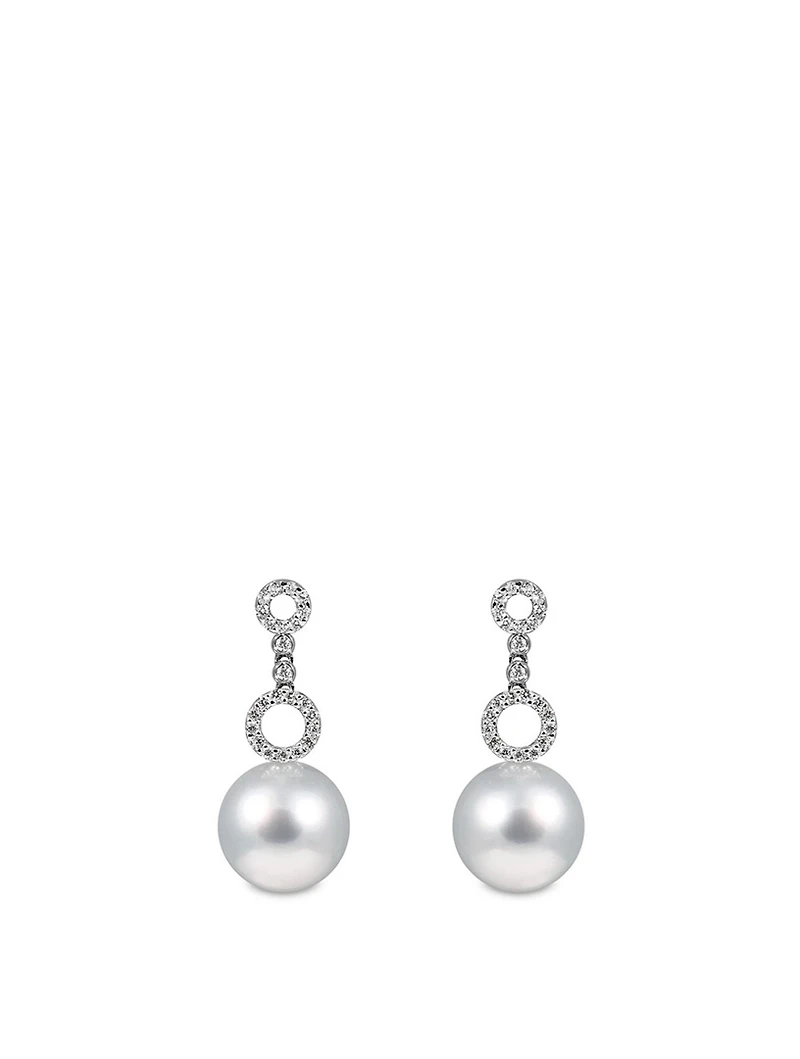 18K White Gold Pearl Drop Earrings With Diamonds