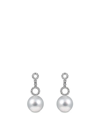 18K White Gold Pearl Drop Earrings With Diamonds