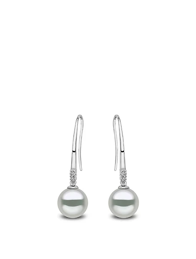 18K White Gold Pearl Drop Earrings With Diamonds