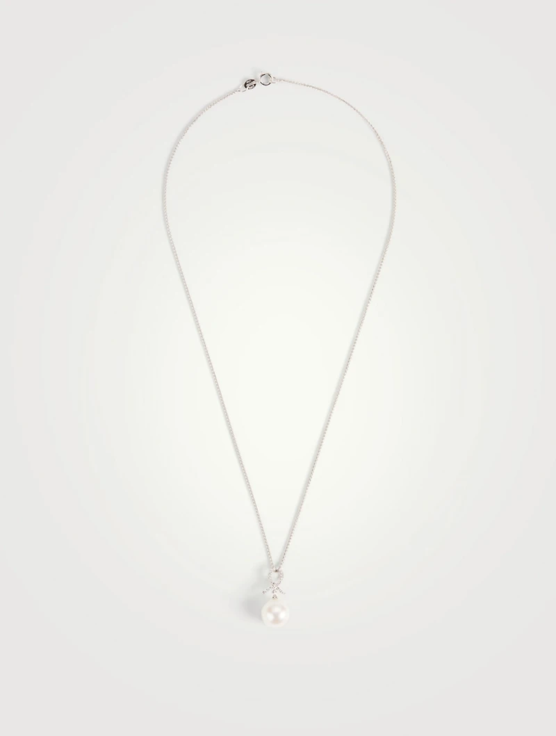 18K White Gold Necklace With Pearl And Diamond Loop Pendant