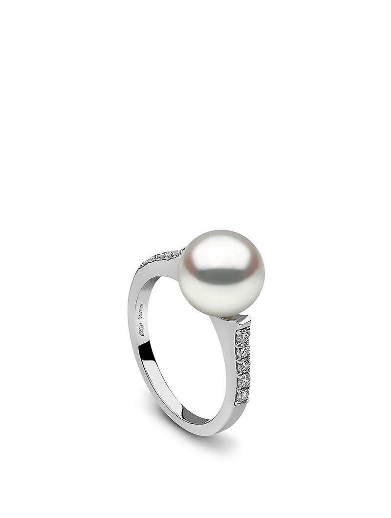 18K White Gold Pearl Ring With Diamonds