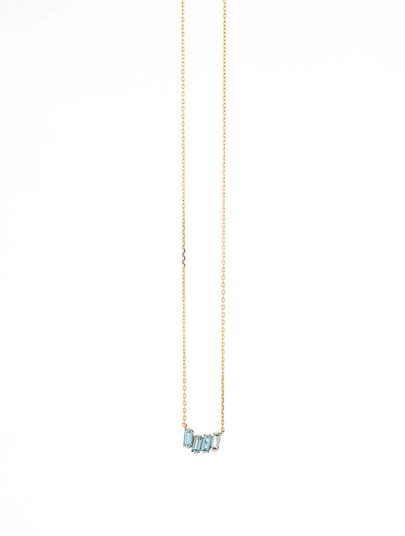 14K Gold Petite Zig Zag Bar Pendant Necklace With Blue Topaz