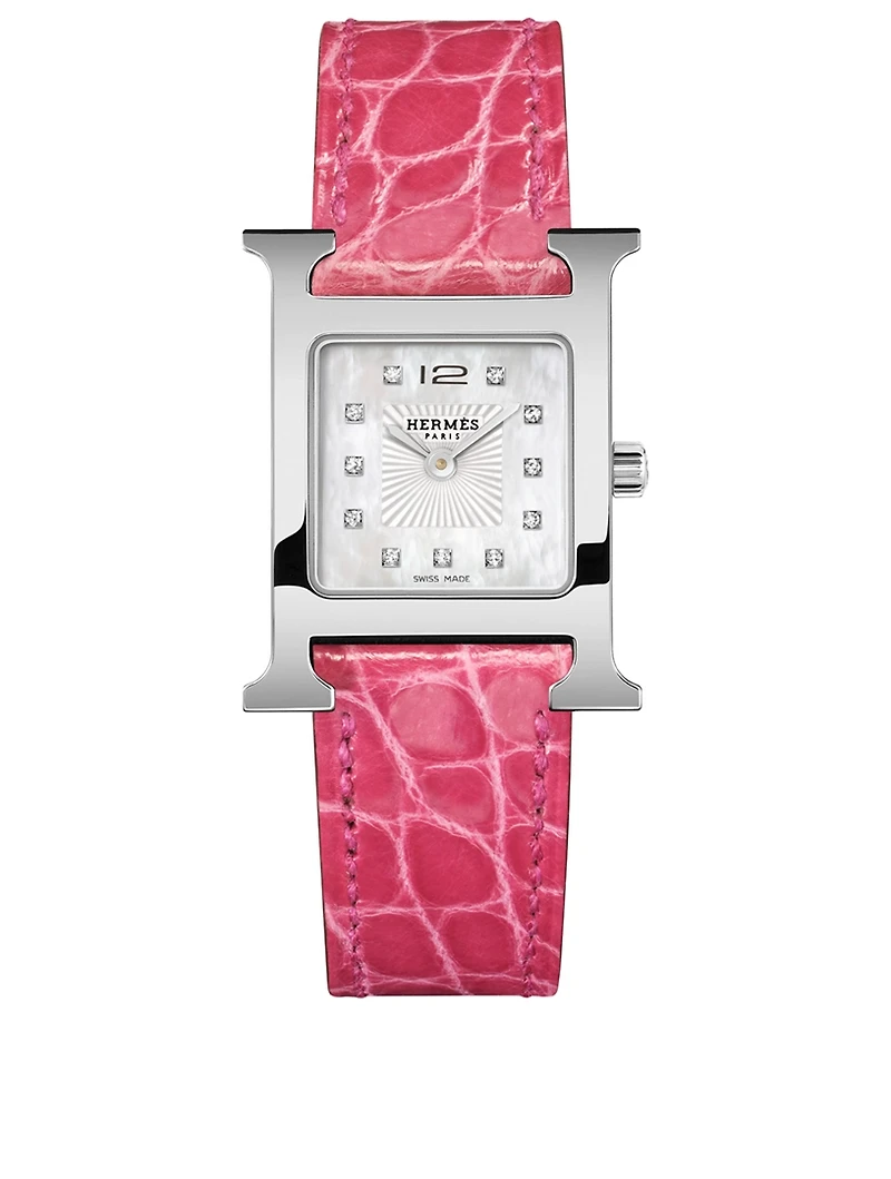Small Heure H Stainless Steel Alligator Strap Watch With Diamonds