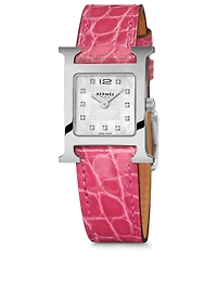 Small Heure H Stainless Steel Alligator Strap Watch With Diamonds