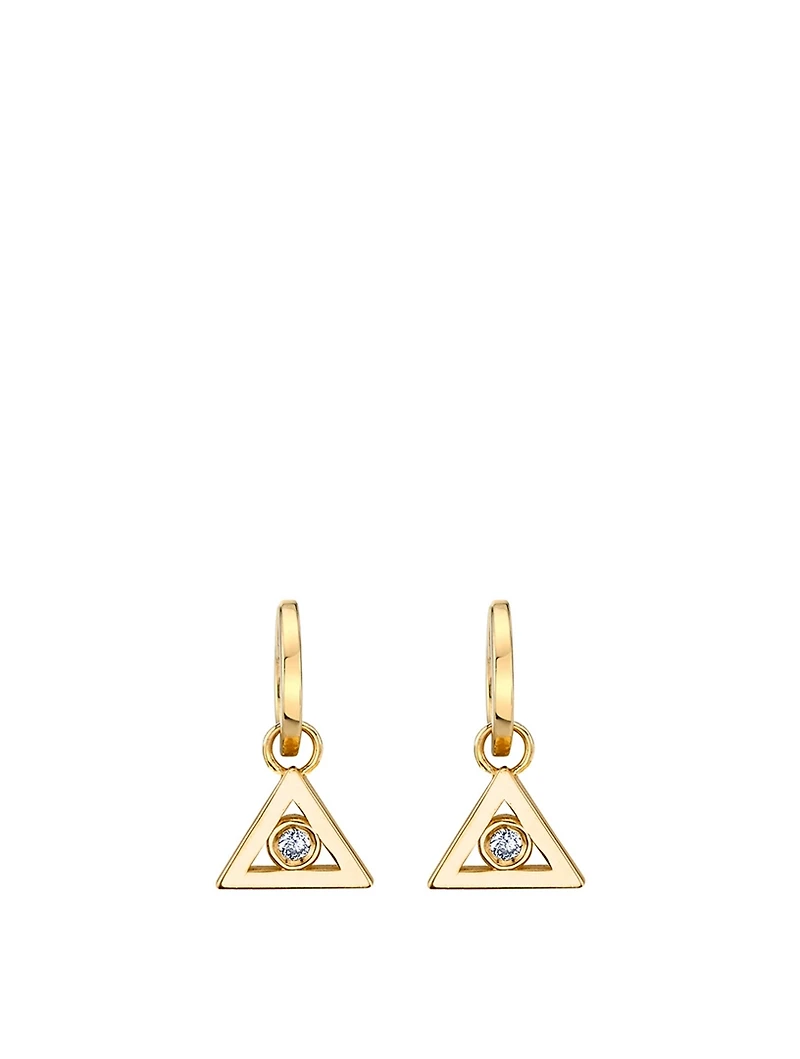 14K Gold Triangle Charm Huggie Hoop Earrings With Diamonds