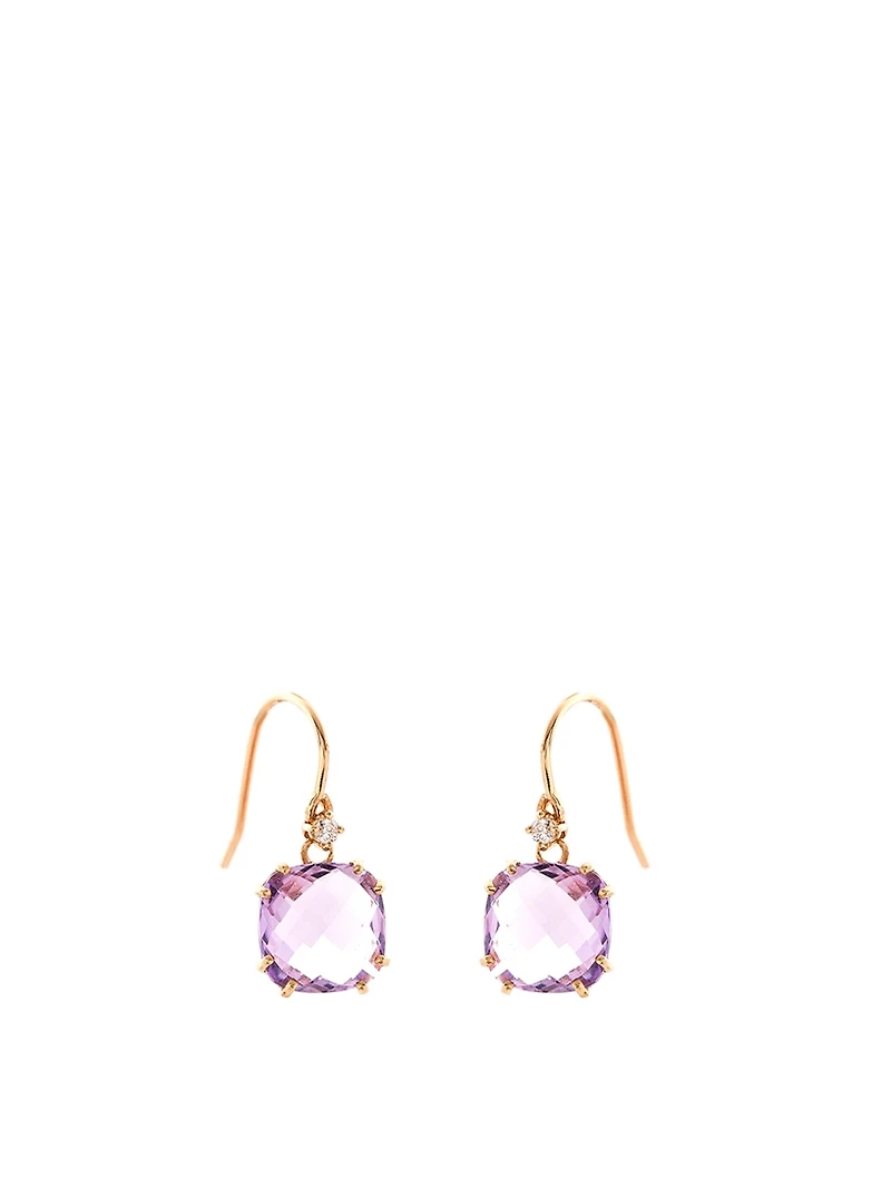 14K Yellow Gold Cushion Drop Earrings With Rose De France And Diamonds