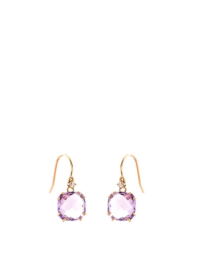 14K Yellow Gold Cushion Drop Earrings With Rose De France And Diamonds