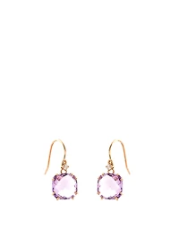 14K Yellow Gold Cushion Drop Earrings With Rose De France And Diamonds