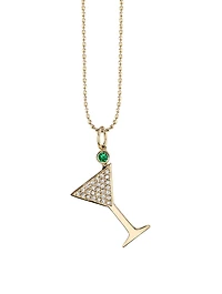 Large 14K Yellow Gold Martini Glass Charm Necklace With Diamonds And Emeralds