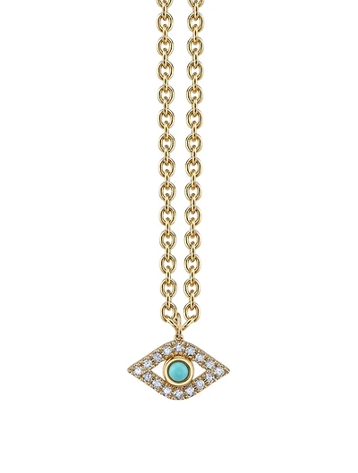 Extra Large 14K Yellow Gold Evil Eye Charm Necklace With Turquoise And Diamonds
